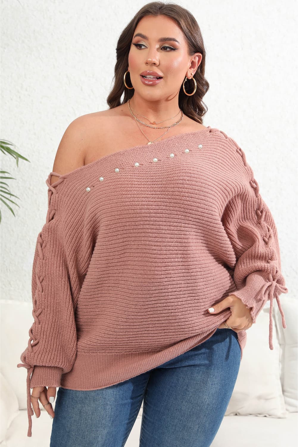 Plus Size One Shoulder Beaded Sweater - Guy Christopher