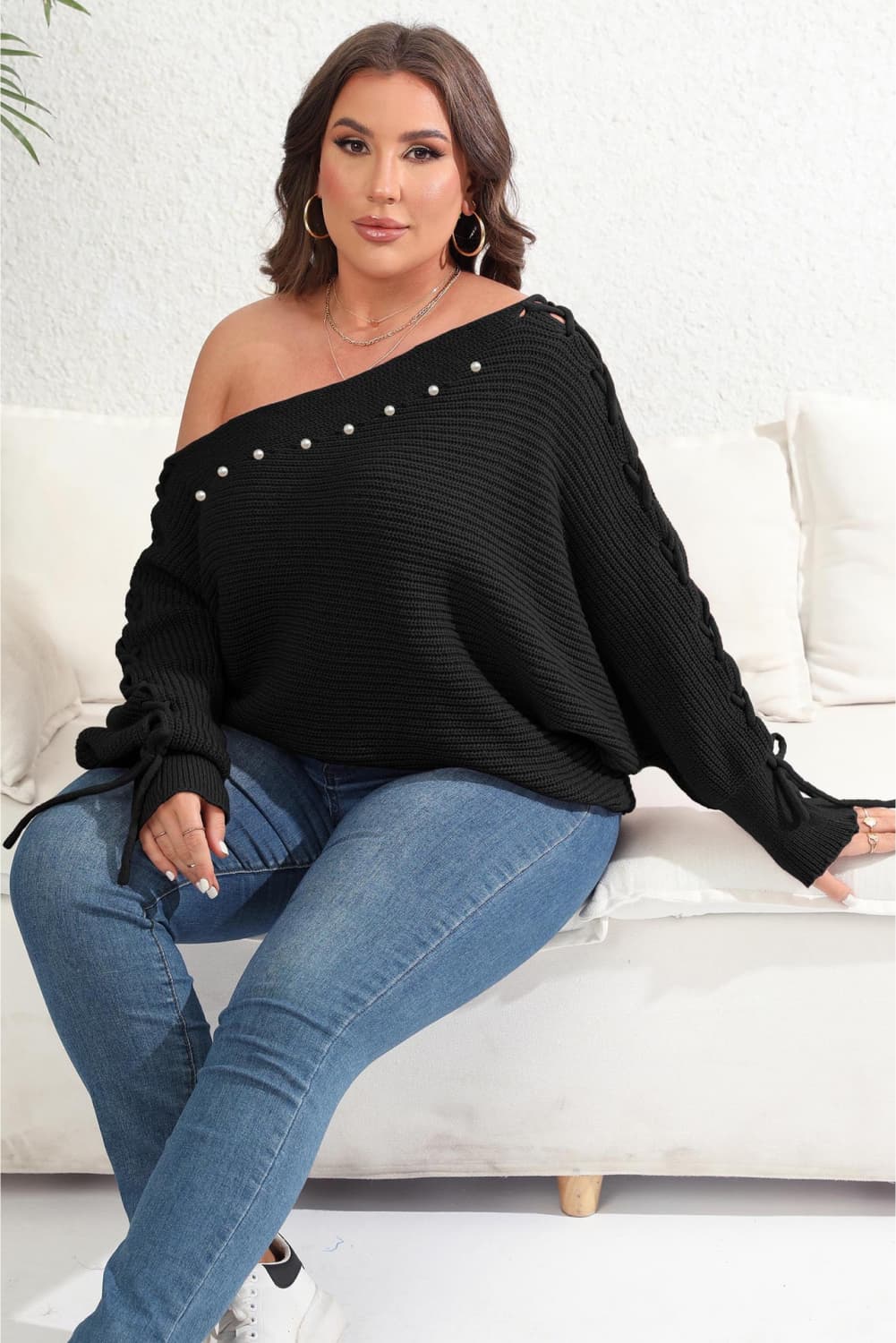 Plus Size One Shoulder Beaded Sweater - Guy Christopher