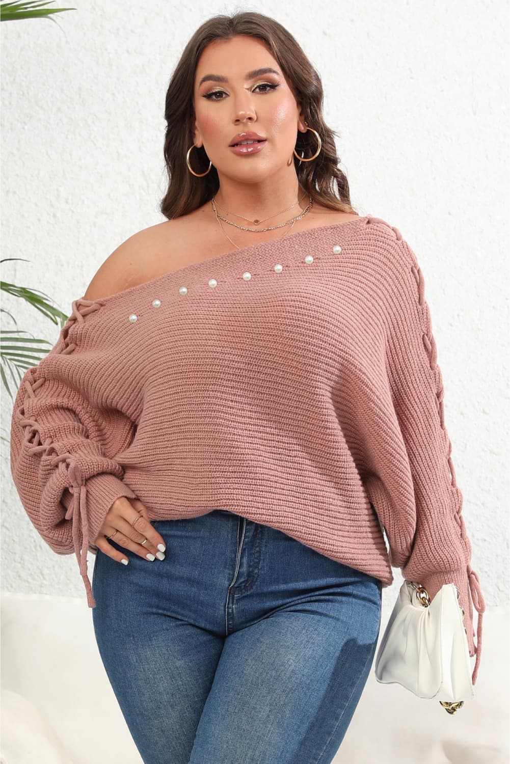 Plus Size One Shoulder Beaded Sweater - Guy Christopher