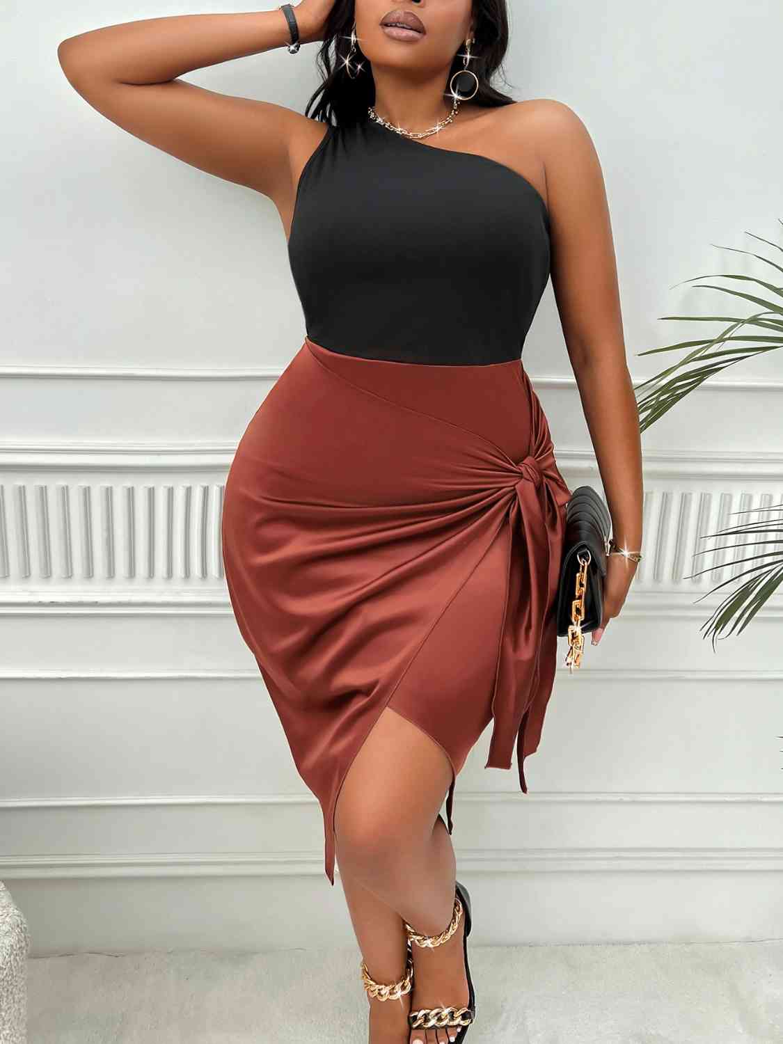 Plus Size One-Shoulder Sleeveless Tied Dress - Guy Christopher