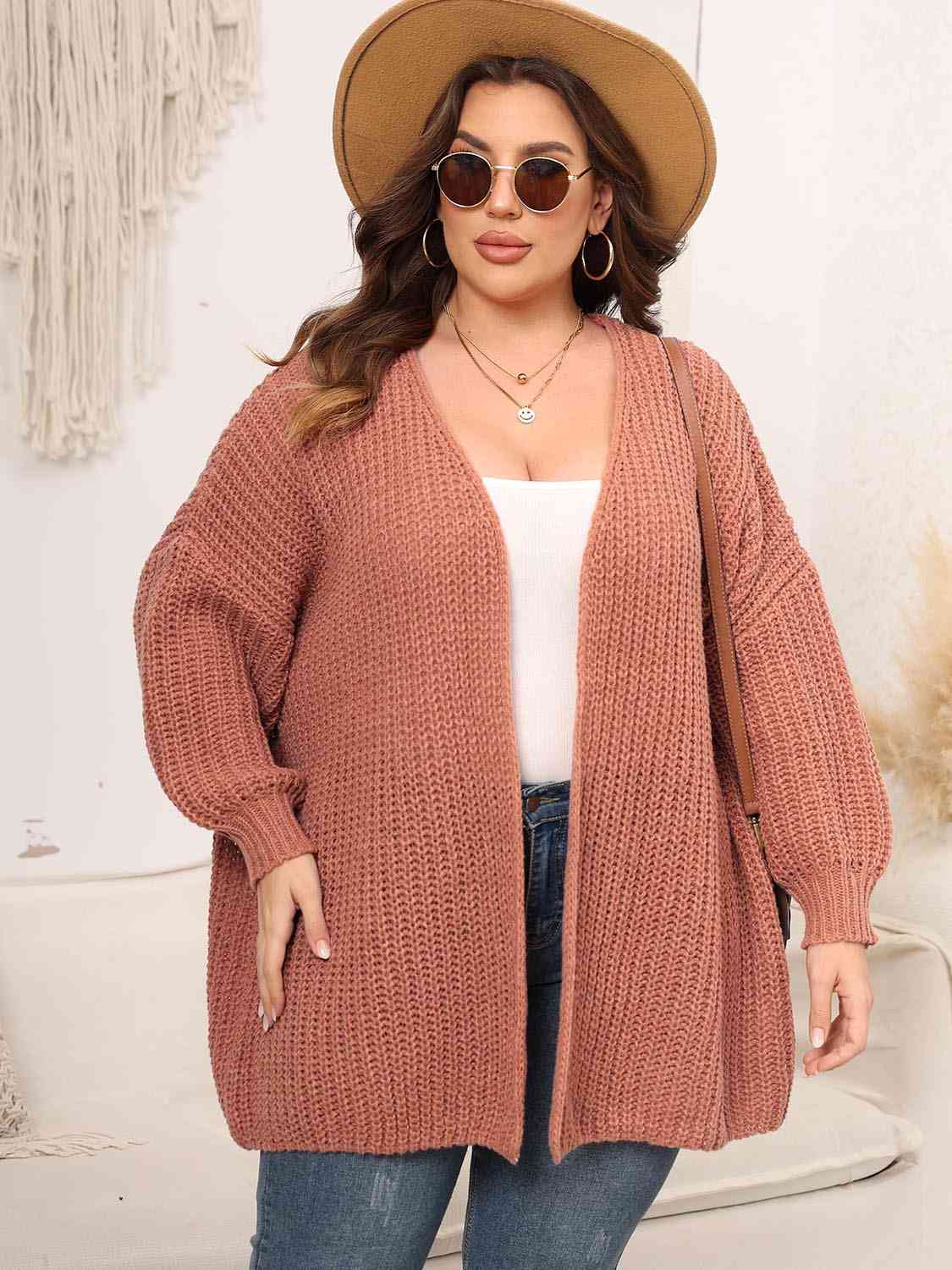 Plus Size Open Front Dropped Shoulder Knit Cardigan - Guy Christopher