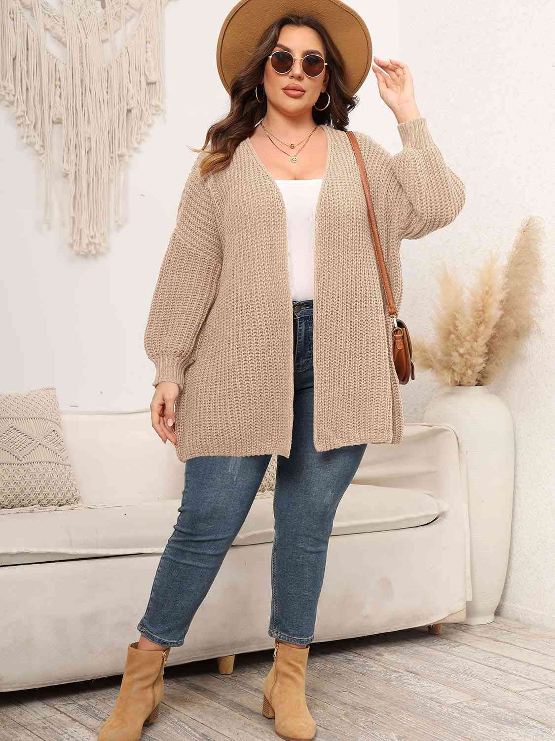 Plus Size Open Front Dropped Shoulder Knit Cardigan - Guy Christopher