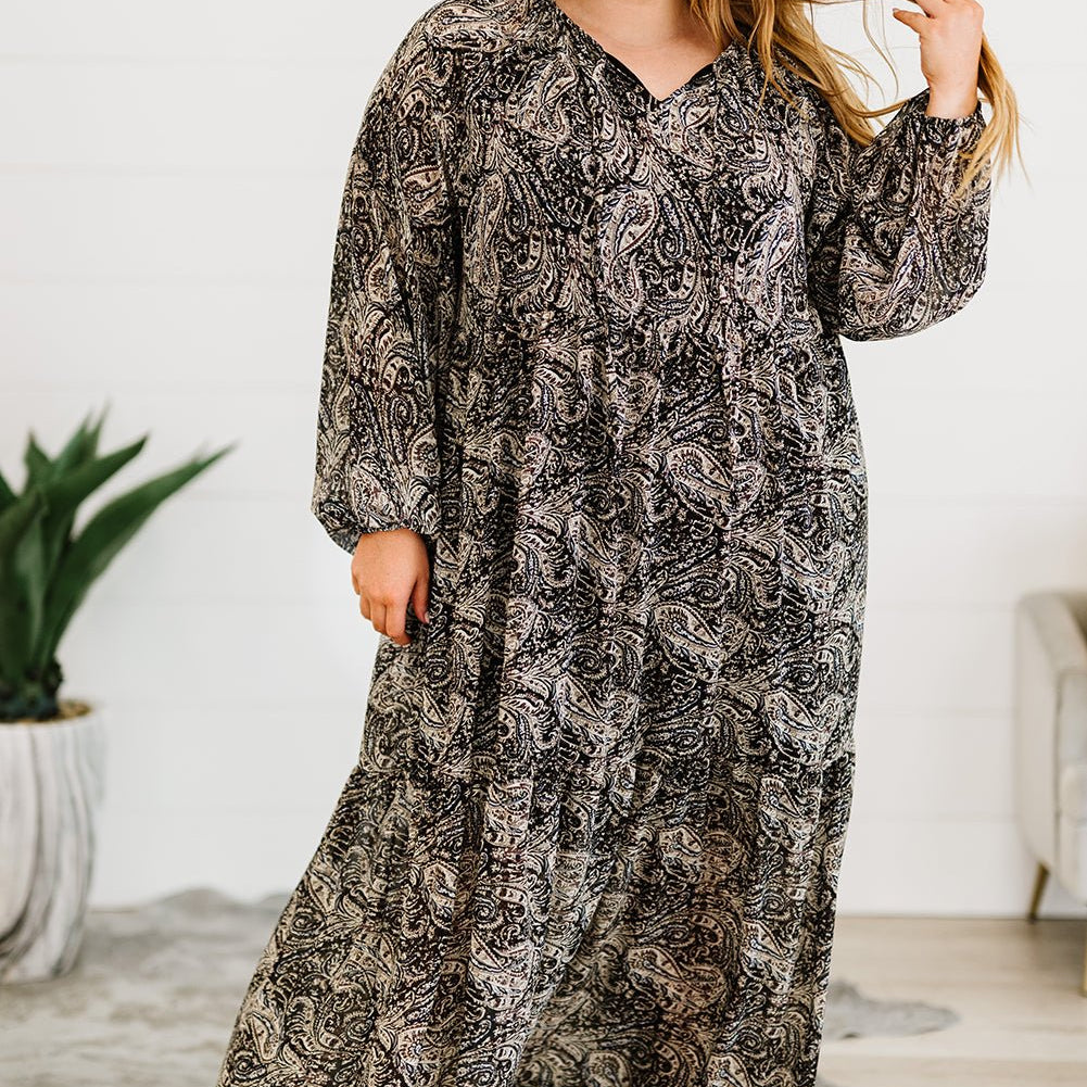 Plus Size Paisley Print Balloon Sleeve Maxi Dress - Guy Christopher