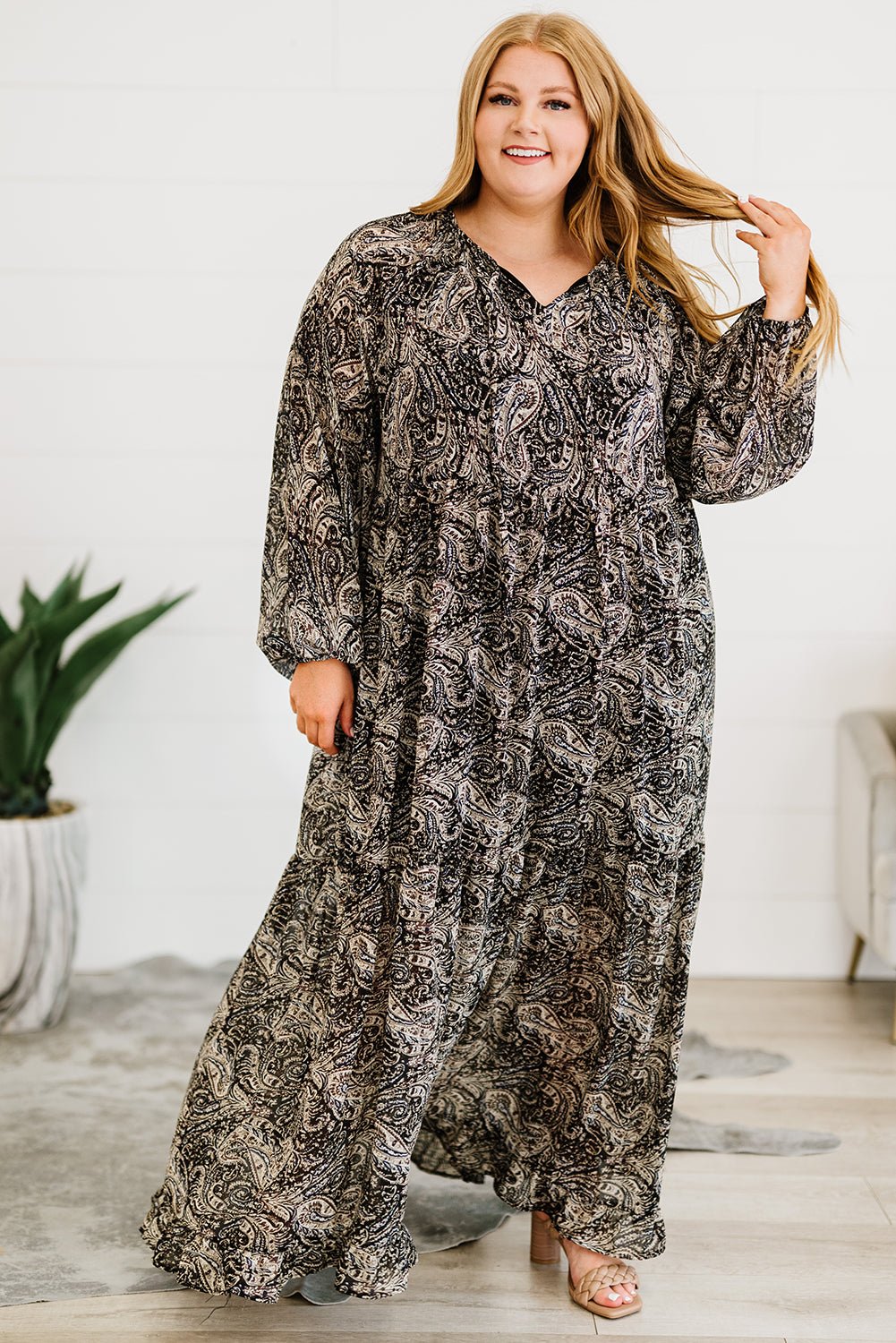 Plus Size Paisley Print Balloon Sleeve Maxi Dress - Guy Christopher