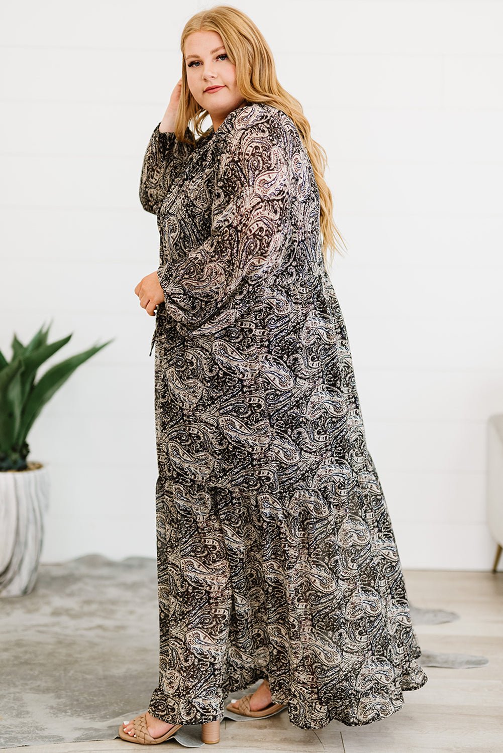 Plus Size Paisley Print Balloon Sleeve Maxi Dress - Guy Christopher