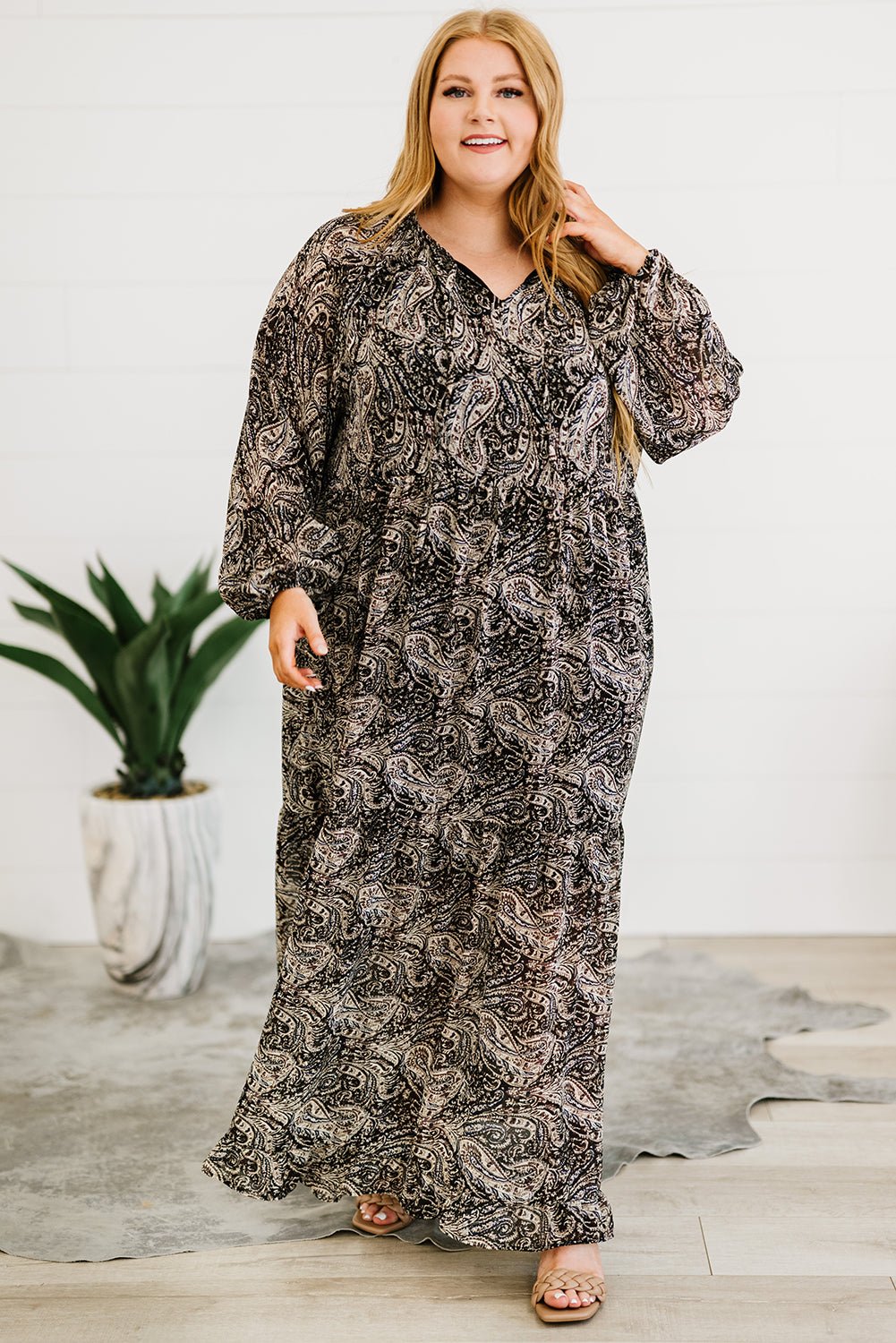 Plus Size Paisley Print Balloon Sleeve Maxi Dress - Guy Christopher