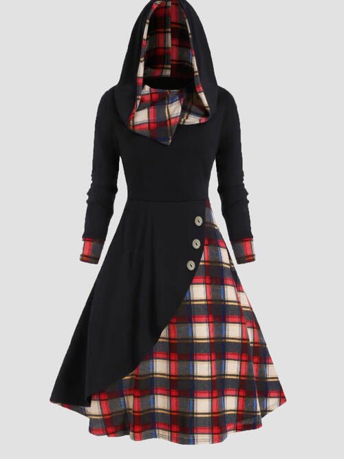 Plus Size Plaid Buttoned Long Sleeve Hooded Dress - Guy Christopher