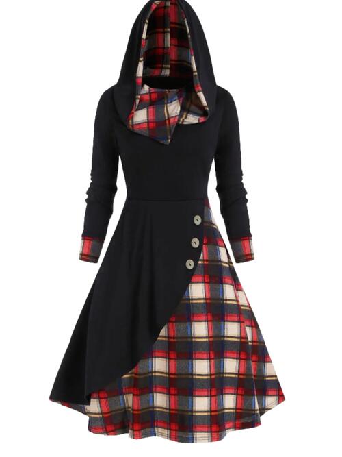 Plus Size Plaid Buttoned Long Sleeve Hooded Dress - Guy Christopher