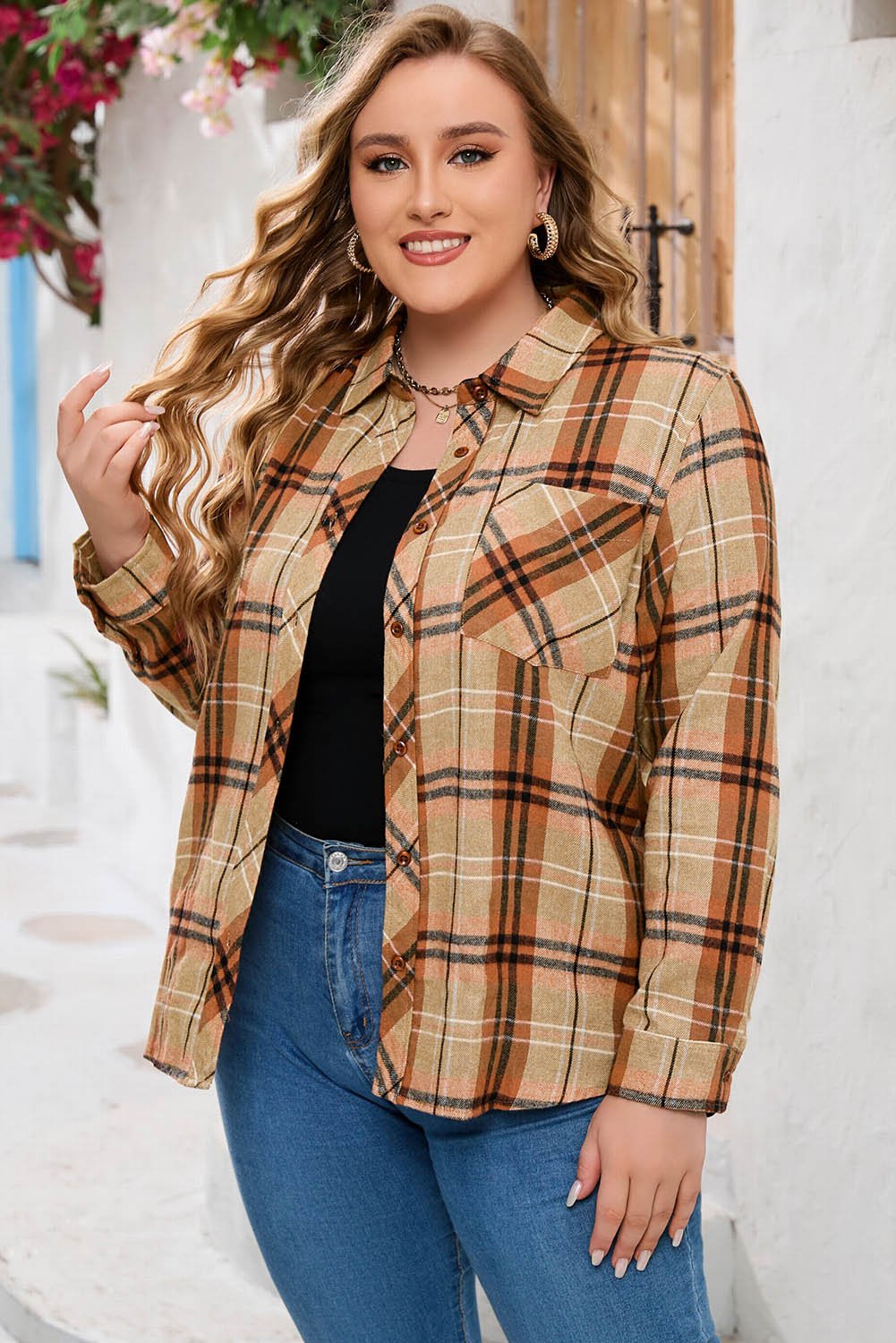 Plus Size Plaid Collared Neck Long Sleeve Shirt - Guy Christopher