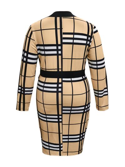 Plus Size Plaid V-Neck Long Sleeve Wrap Dress - Guy Christopher