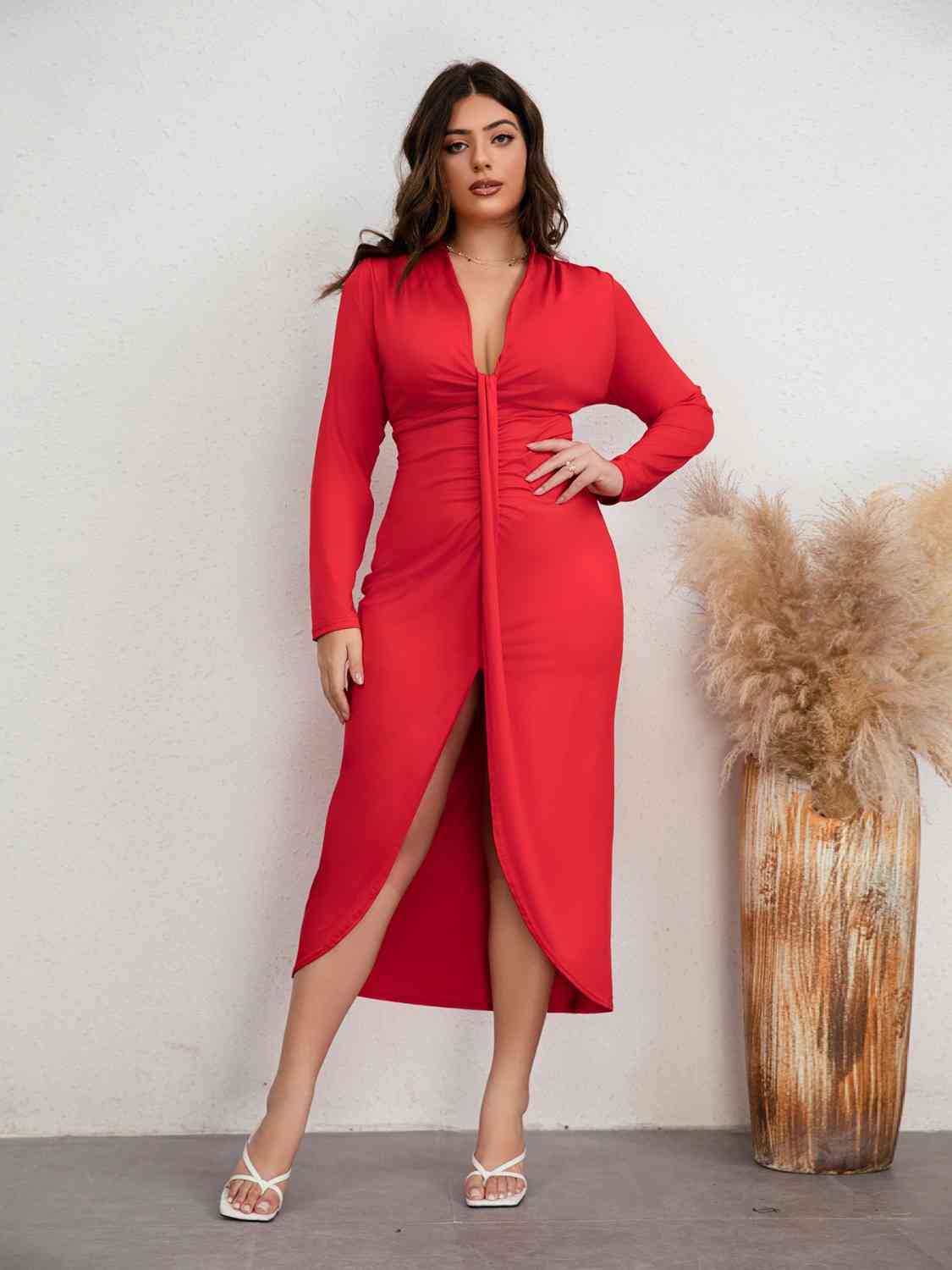 Plus Size Plunge Ruched Slit Dress - Guy Christopher