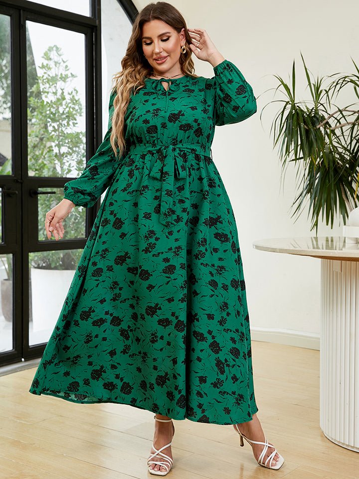 Plus Size Printed Long Sleeve Tie Neck Dress - Guy Christopher