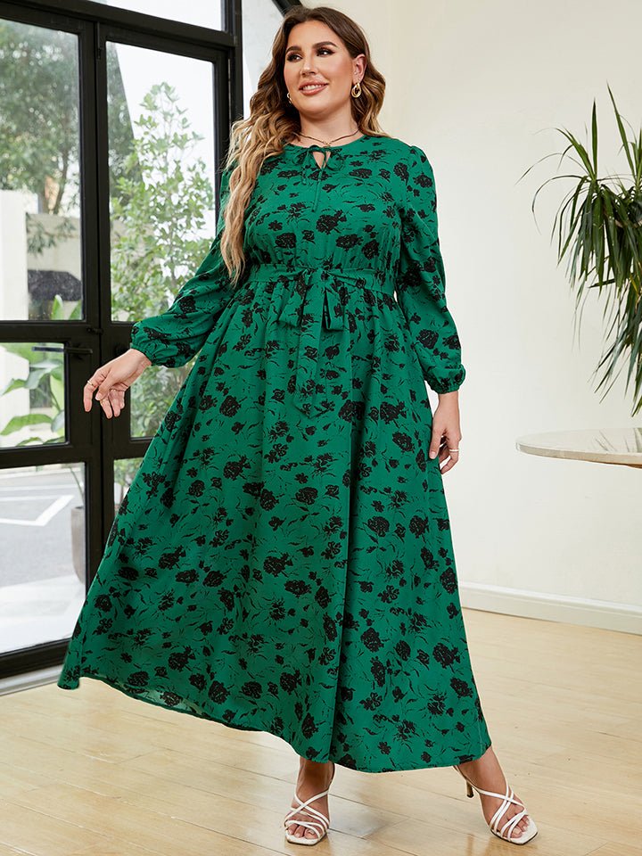 Plus Size Printed Long Sleeve Tie Neck Dress - Guy Christopher