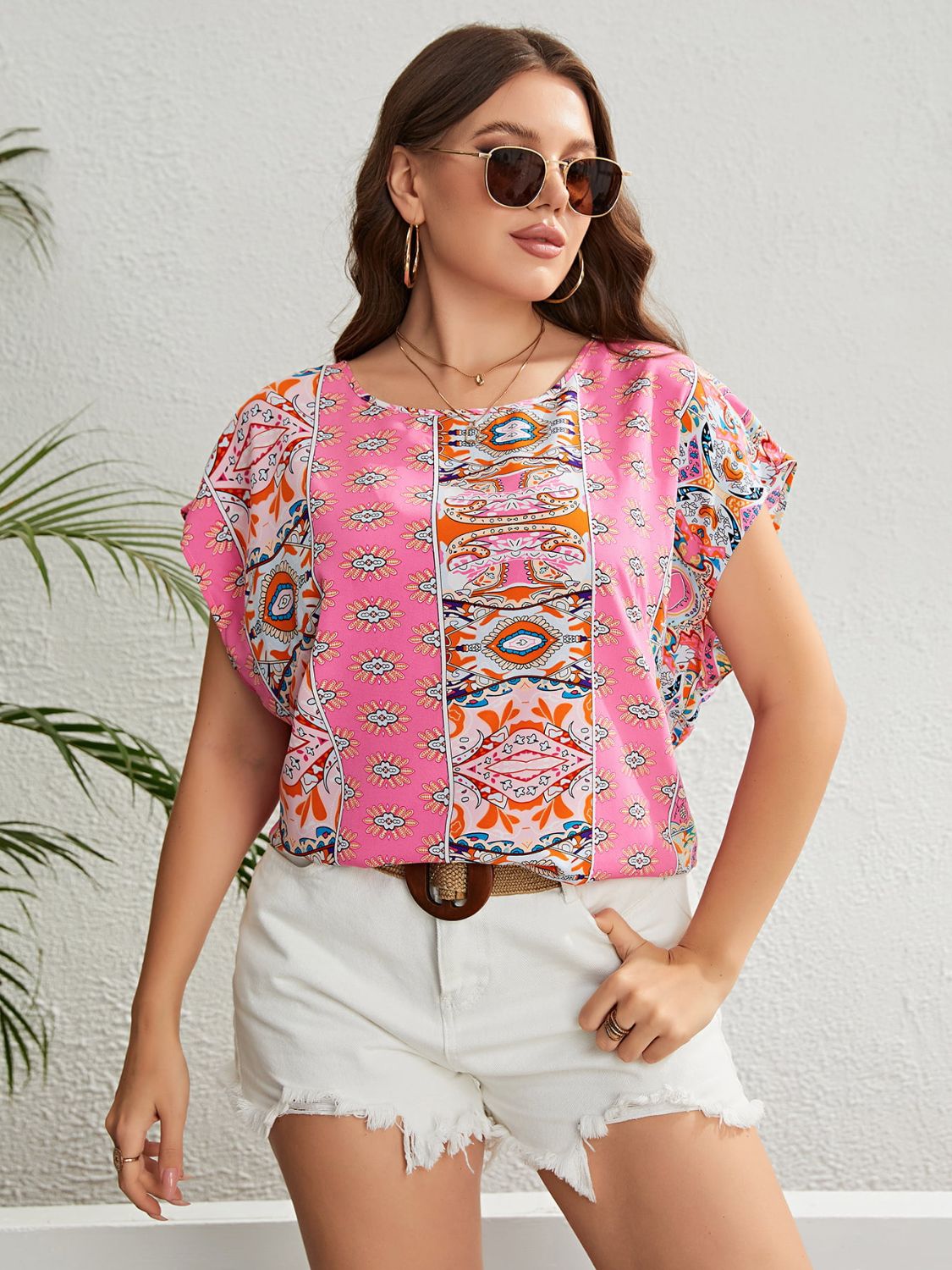 Plus Size Printed Round Neck Blouse - Guy Christopher