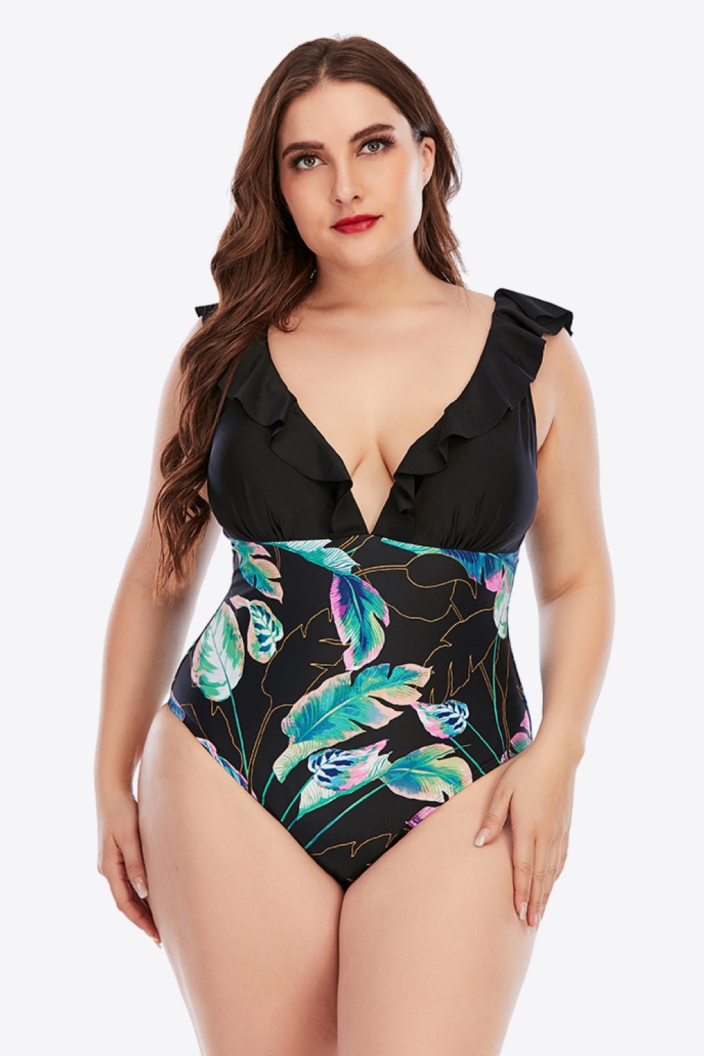 Plus Size Printed Ruffled Deep V One-Piece Swimsuit - Guy Christopher