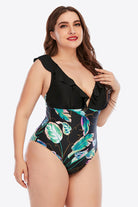 Plus Size Printed Ruffled Deep V One-Piece Swimsuit - Guy Christopher