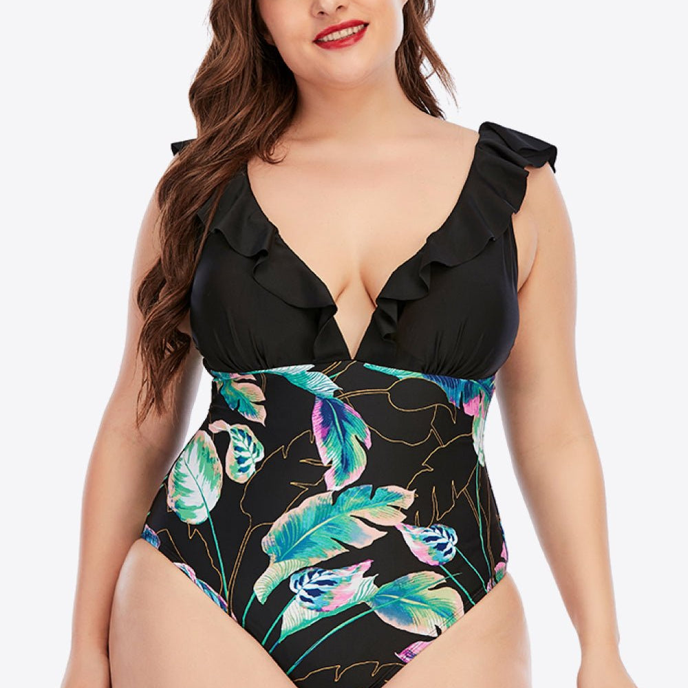 Plus Size Printed Ruffled Deep V One-Piece Swimsuit - Guy Christopher