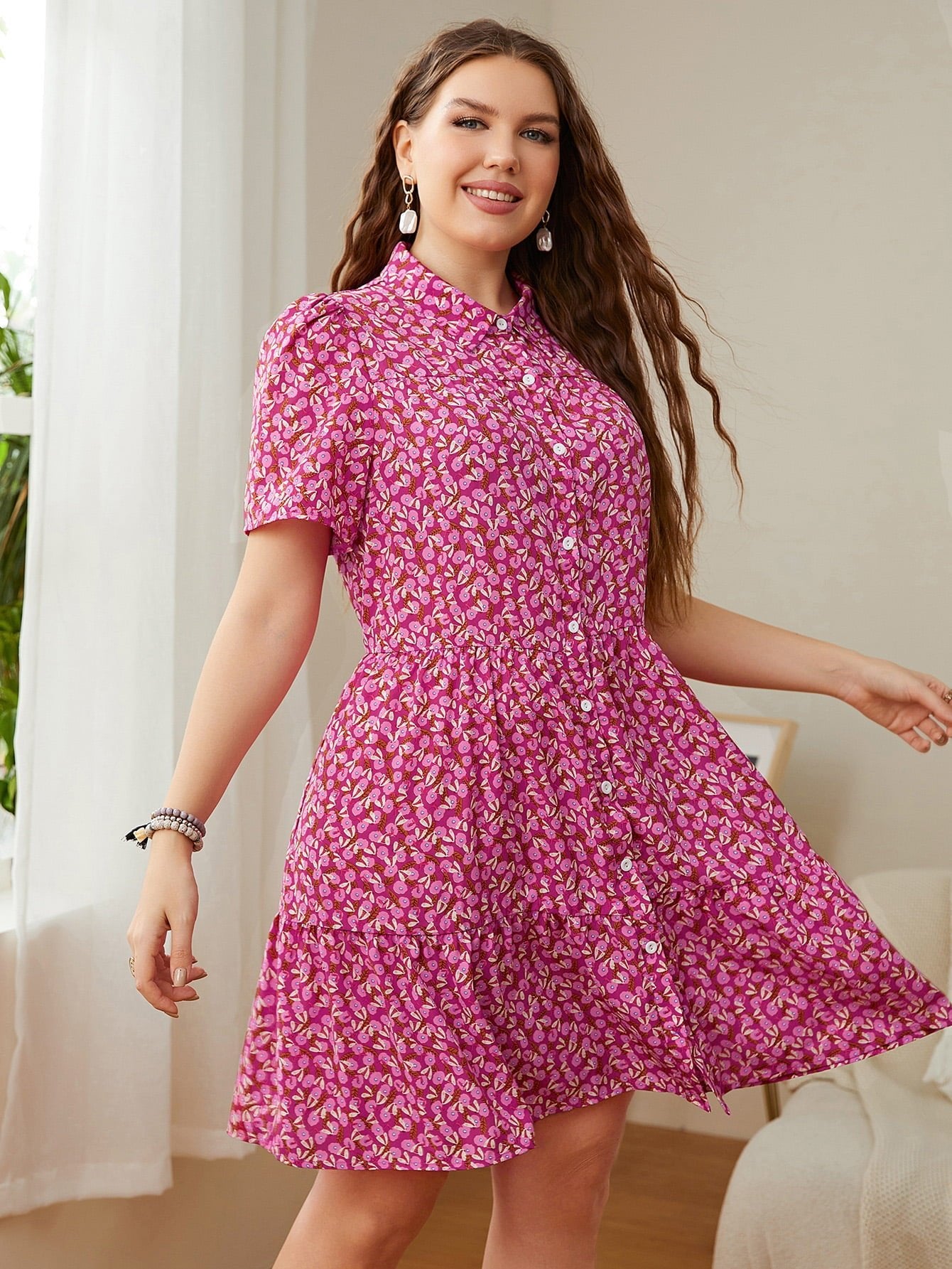 Plus Size Printed Short Sleeve Collared Dress - Guy Christopher