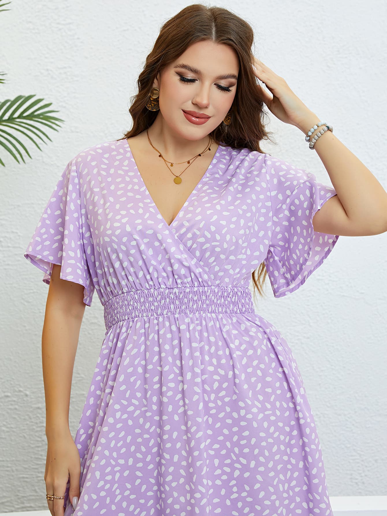 Plus Size Printed Smocked Waist Surplice Dress - Guy Christopher