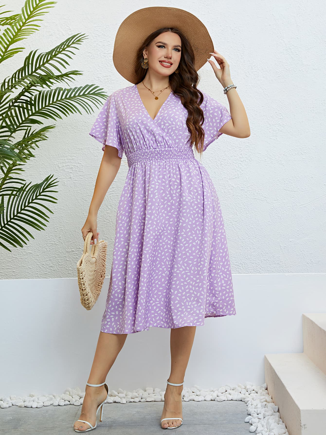 Plus Size Printed Smocked Waist Surplice Dress - Guy Christopher