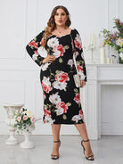 Plus Size Printed Square Neck Long Sleeve Dress - Guy Christopher