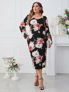 Plus Size Printed Square Neck Long Sleeve Dress - Guy Christopher