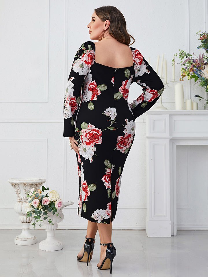 Plus Size Printed Square Neck Long Sleeve Dress - Guy Christopher