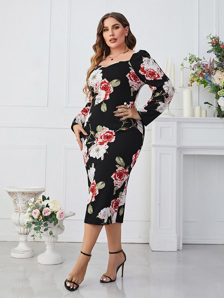 Plus Size Printed Square Neck Long Sleeve Dress - Guy Christopher