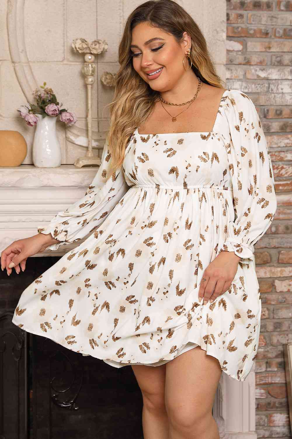 Plus Size Printed Square Neck Mini Dress - Guy Christopher