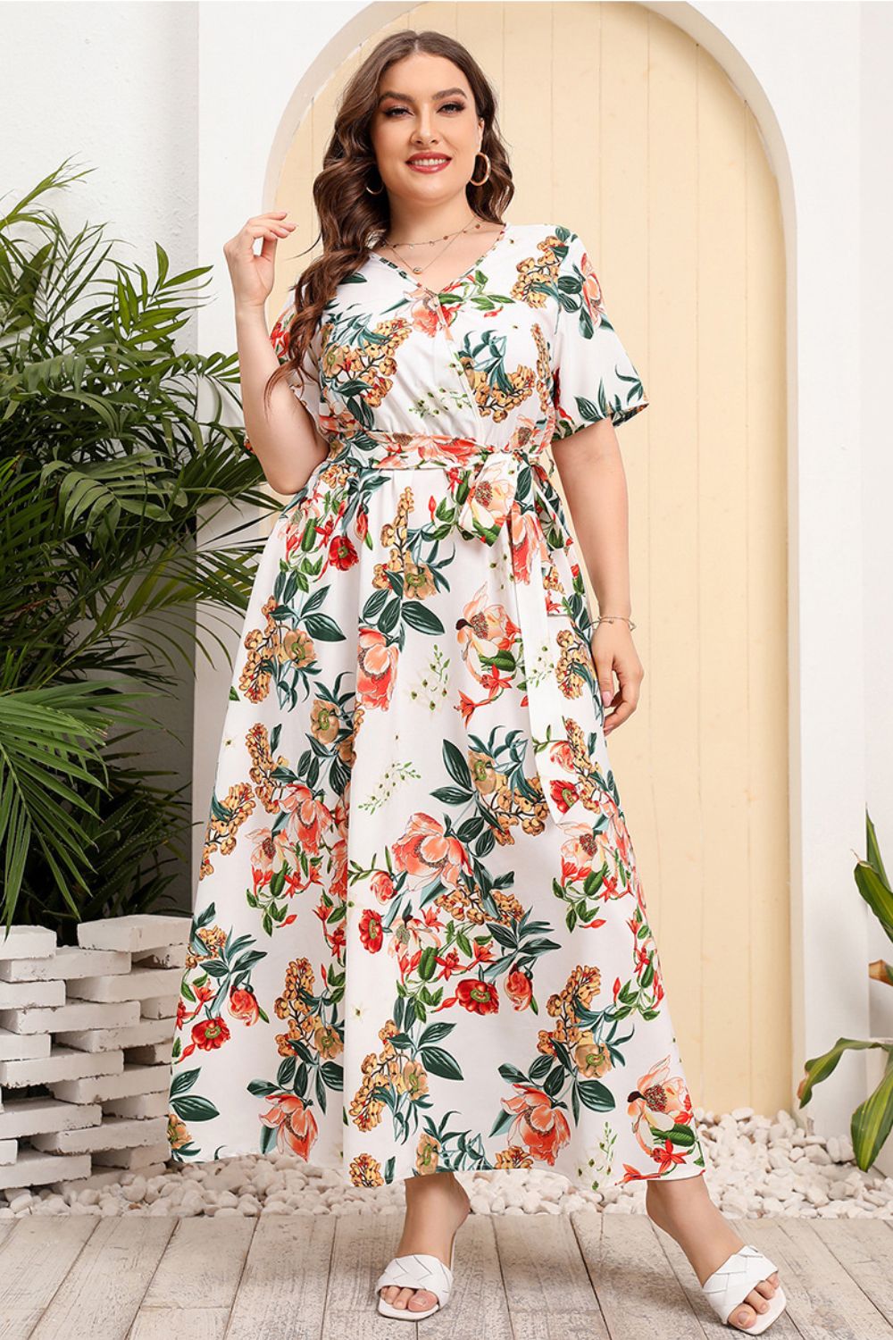 Plus Size Printed Surplice Short Sleeve Maxi Dress - Guy Christopher