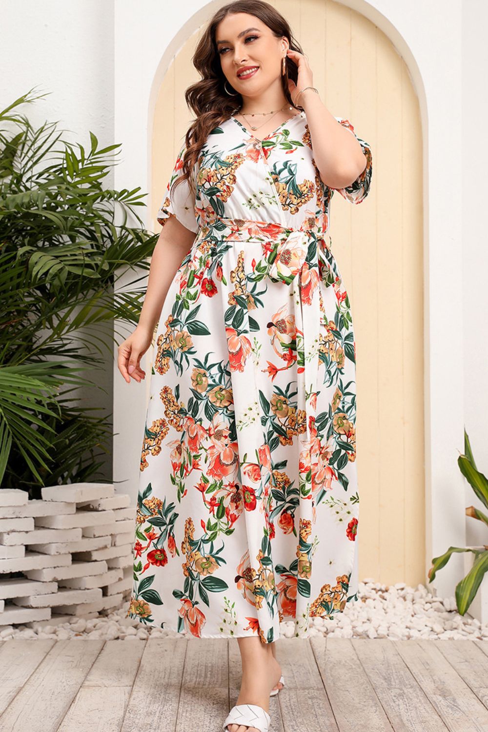 Plus Size Printed Surplice Short Sleeve Maxi Dress - Guy Christopher