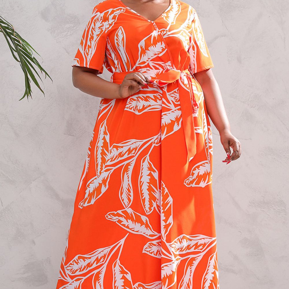 Plus Size Printed Surplice Short Sleeve Maxi Dress - Guy Christopher