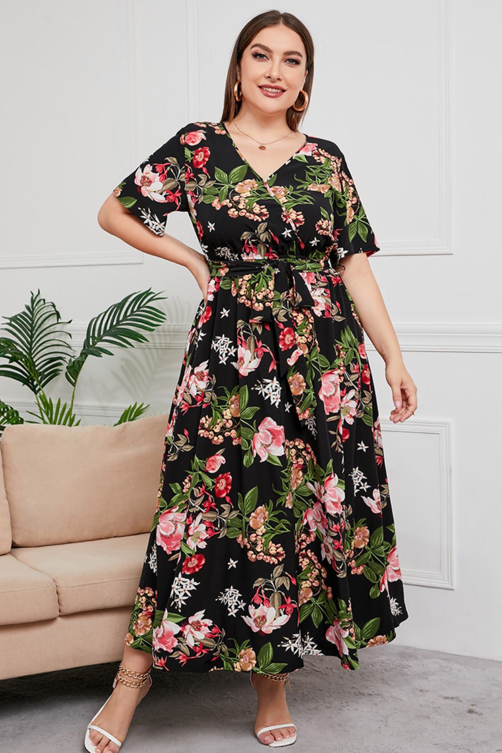 Plus Size Printed Surplice Short Sleeve Maxi Dress - Guy Christopher