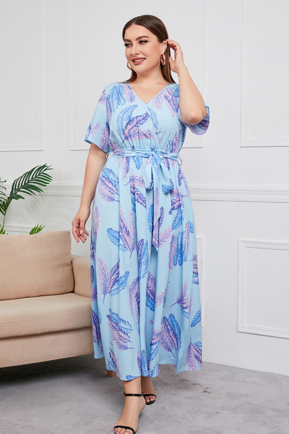 Plus Size Printed Surplice Short Sleeve Maxi Dress - Guy Christopher