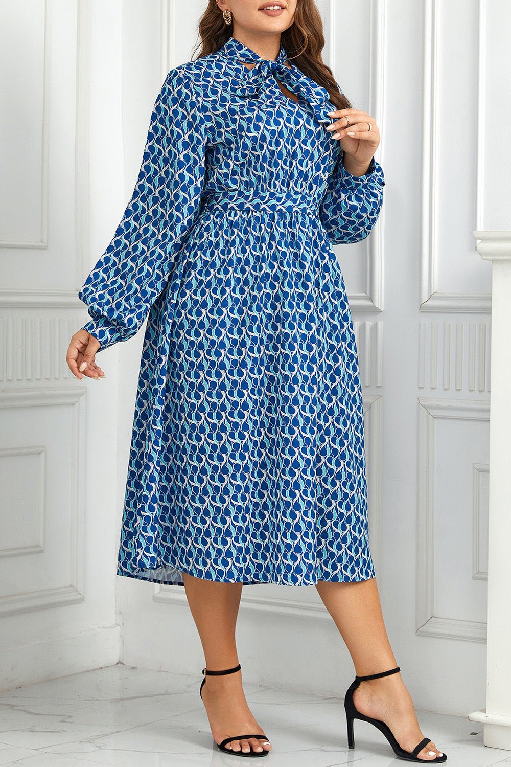 Plus Size Printed Tie Neck Midi Dress - Guy Christopher