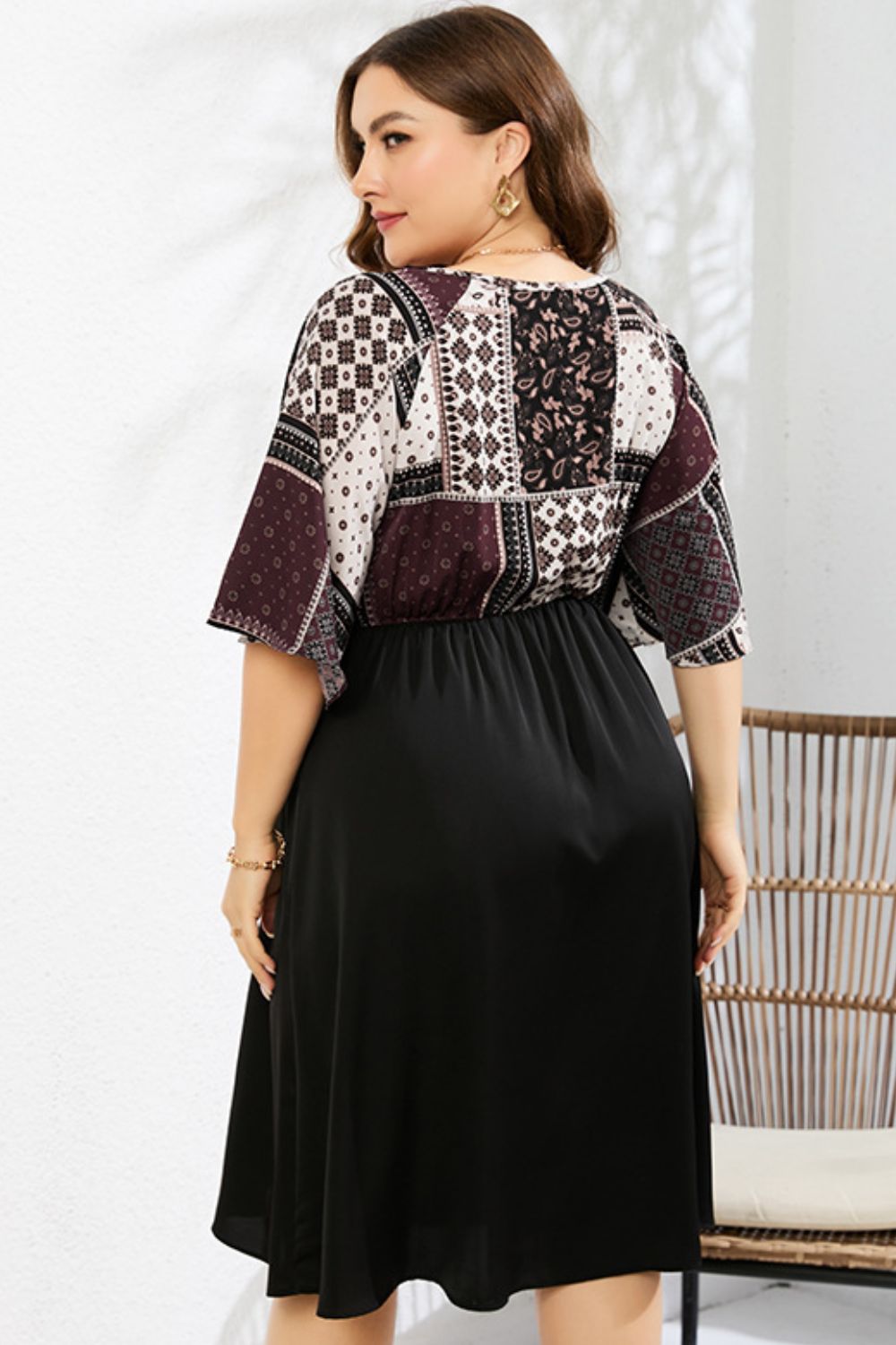 Plus Size Printed Two-Tone Flutter Sleeve Dress - Guy Christopher