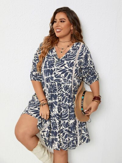 Plus Size Printed V-Neck Half Sleeve Mini Dress - Guy Christopher