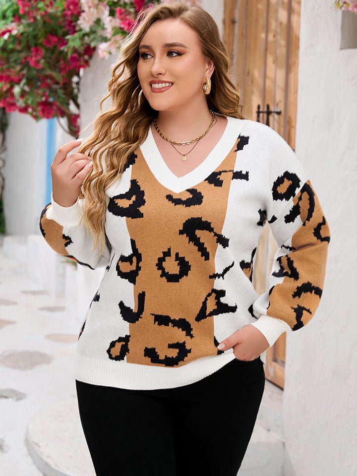 Plus Size Printed V-Neck Long Sleeve Sweater - Guy Christopher
