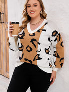 Plus Size Printed V-Neck Long Sleeve Sweater - Guy Christopher