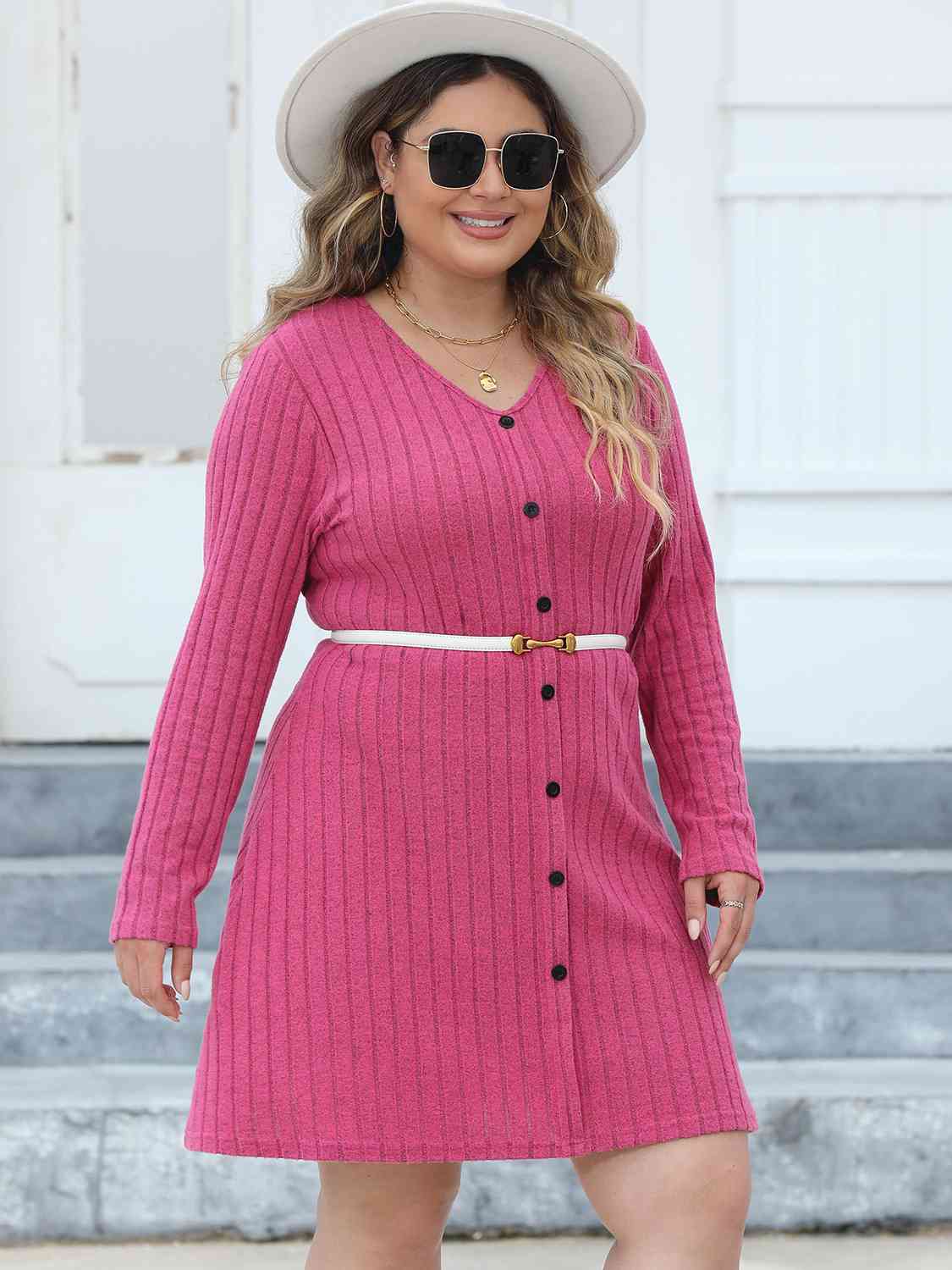 Plus Size Ribbed Buttoned V-Neck Long Sleeve Dress - Guy Christopher