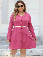 Plus Size Ribbed Buttoned V-Neck Long Sleeve Dress - Guy Christopher