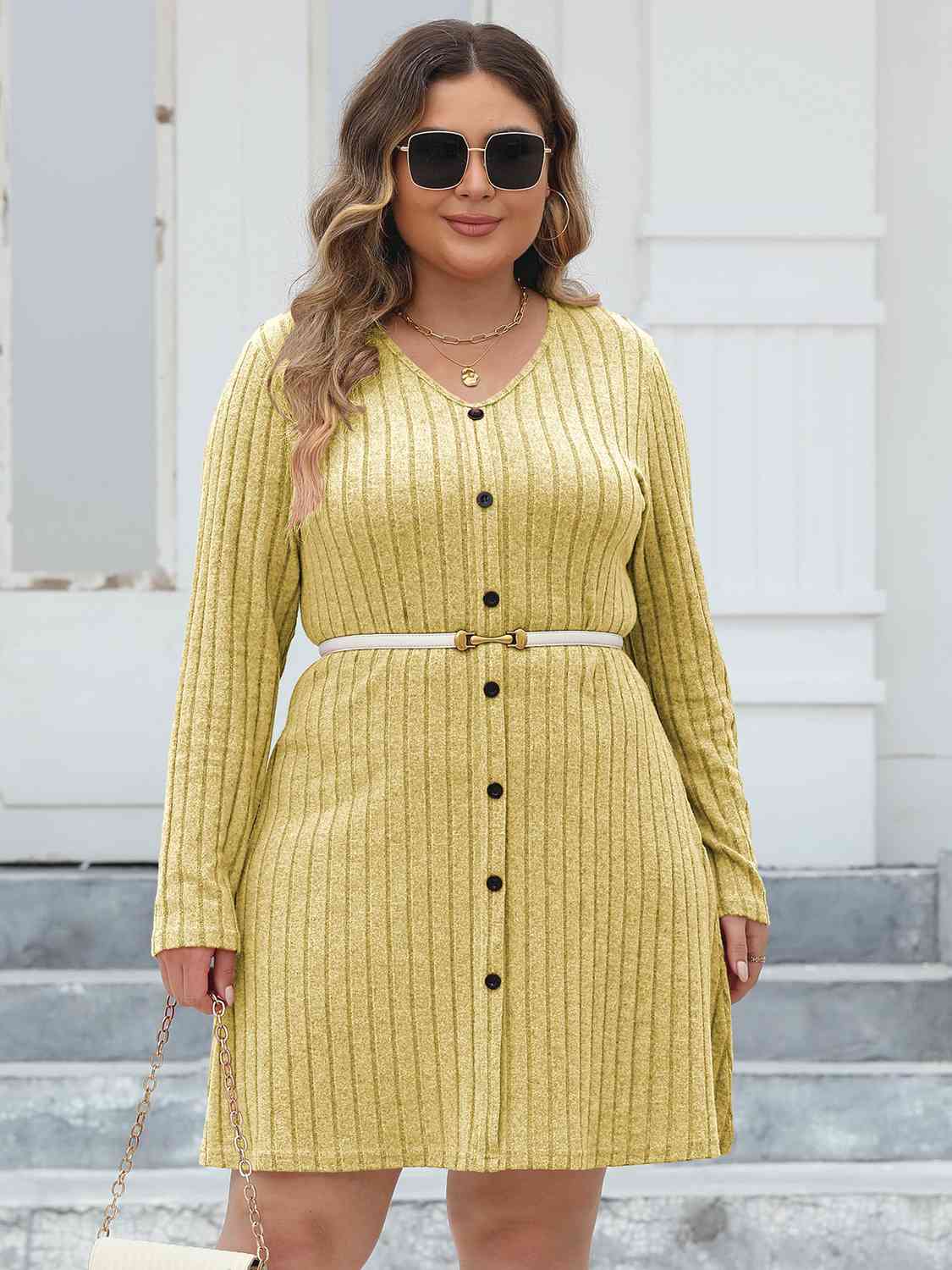 Plus Size Ribbed Buttoned V-Neck Long Sleeve Dress - Guy Christopher