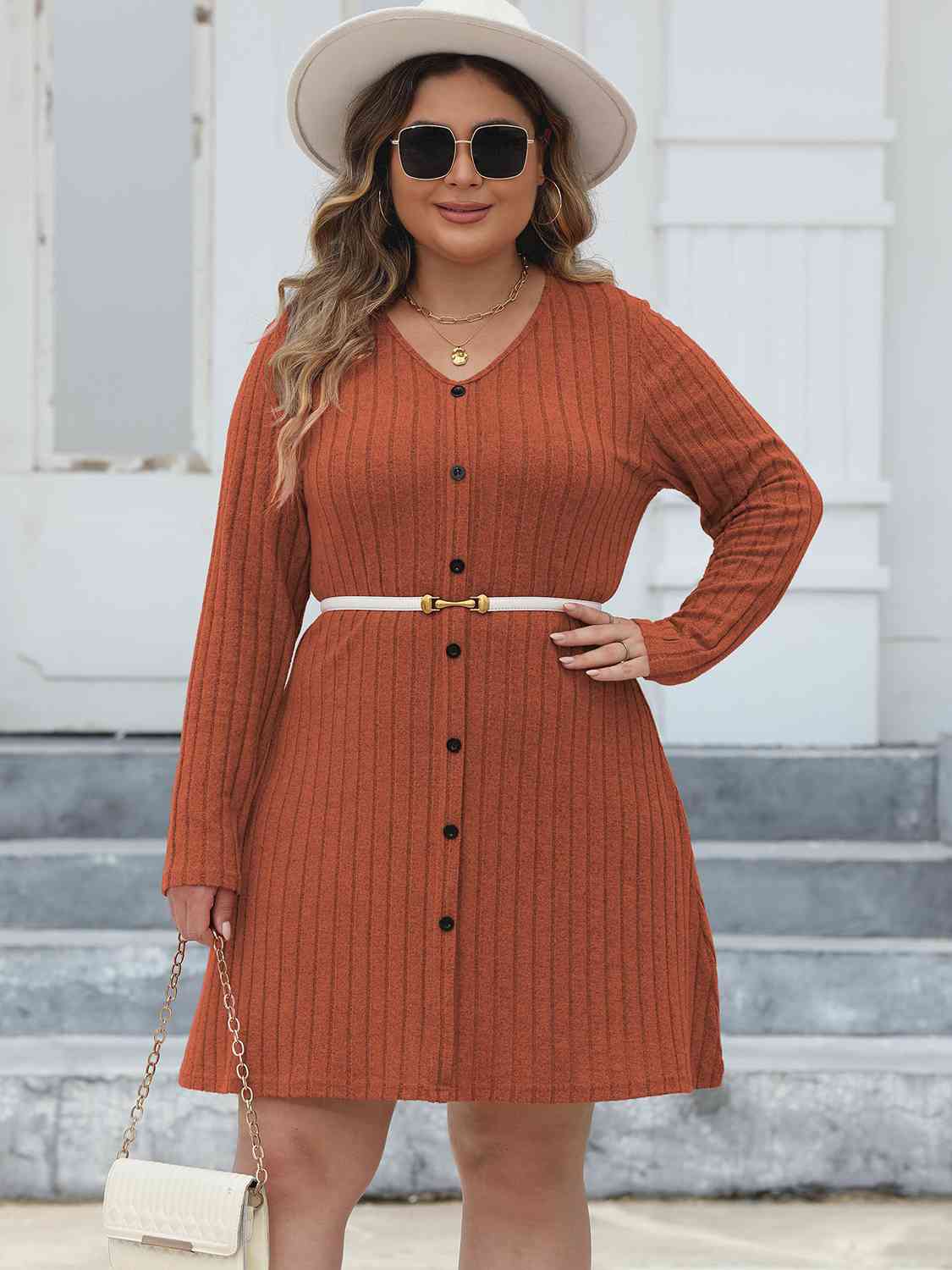 Plus Size Ribbed Buttoned V-Neck Long Sleeve Dress - Guy Christopher