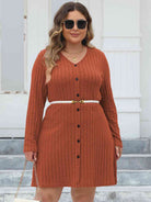 Plus Size Ribbed Buttoned V-Neck Long Sleeve Dress - Guy Christopher