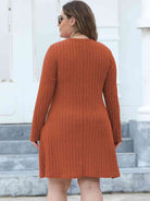 Plus Size Ribbed Buttoned V-Neck Long Sleeve Dress - Guy Christopher