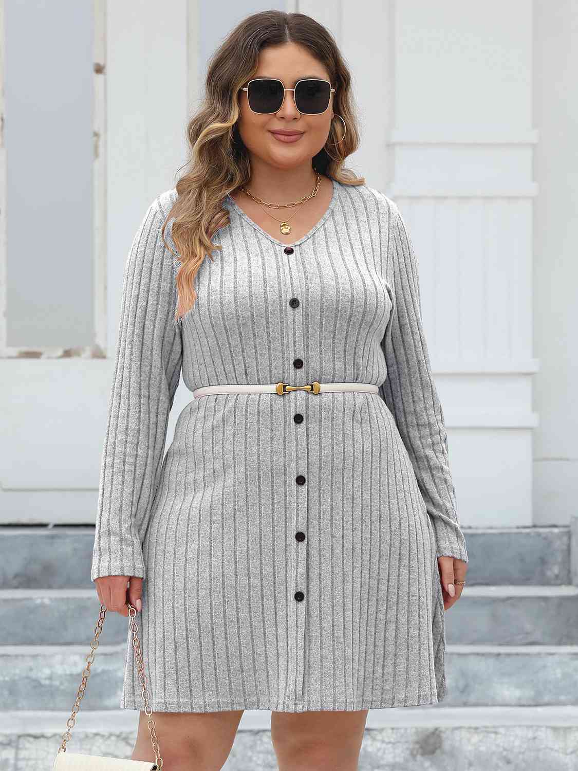 Plus Size Ribbed Buttoned V-Neck Long Sleeve Dress - Guy Christopher