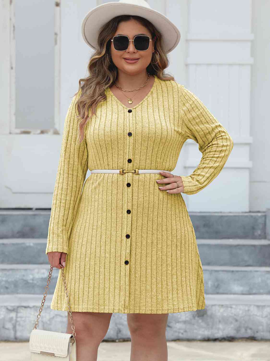 Plus Size Ribbed Buttoned V-Neck Long Sleeve Dress - Guy Christopher