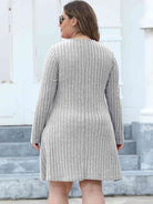 Plus Size Ribbed Buttoned V-Neck Long Sleeve Dress - Guy Christopher