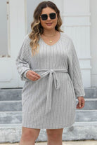 Plus Size Ribbed Tie Front Long Sleeve Sweater Dress - Guy Christopher
