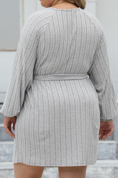 Plus Size Ribbed Tie Front Long Sleeve Sweater Dress - Guy Christopher